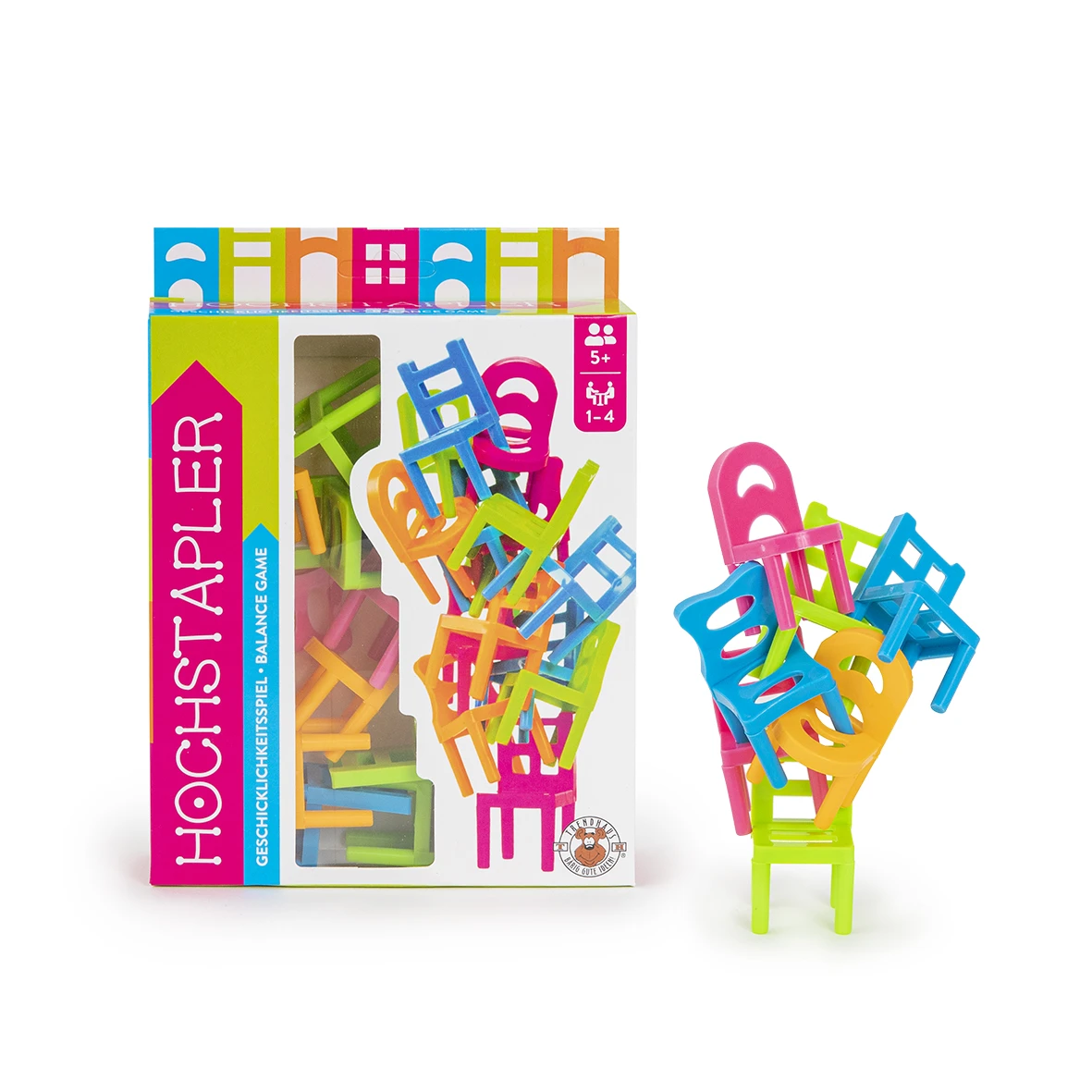 Trendhaus 955494 Hochstapler Geschicklichkeits-Spiel 18-teilig Bunte Stühle