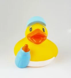 Gummiente Badeente Mit Quietsche - Baby Junge Hellblau Mit Flasche